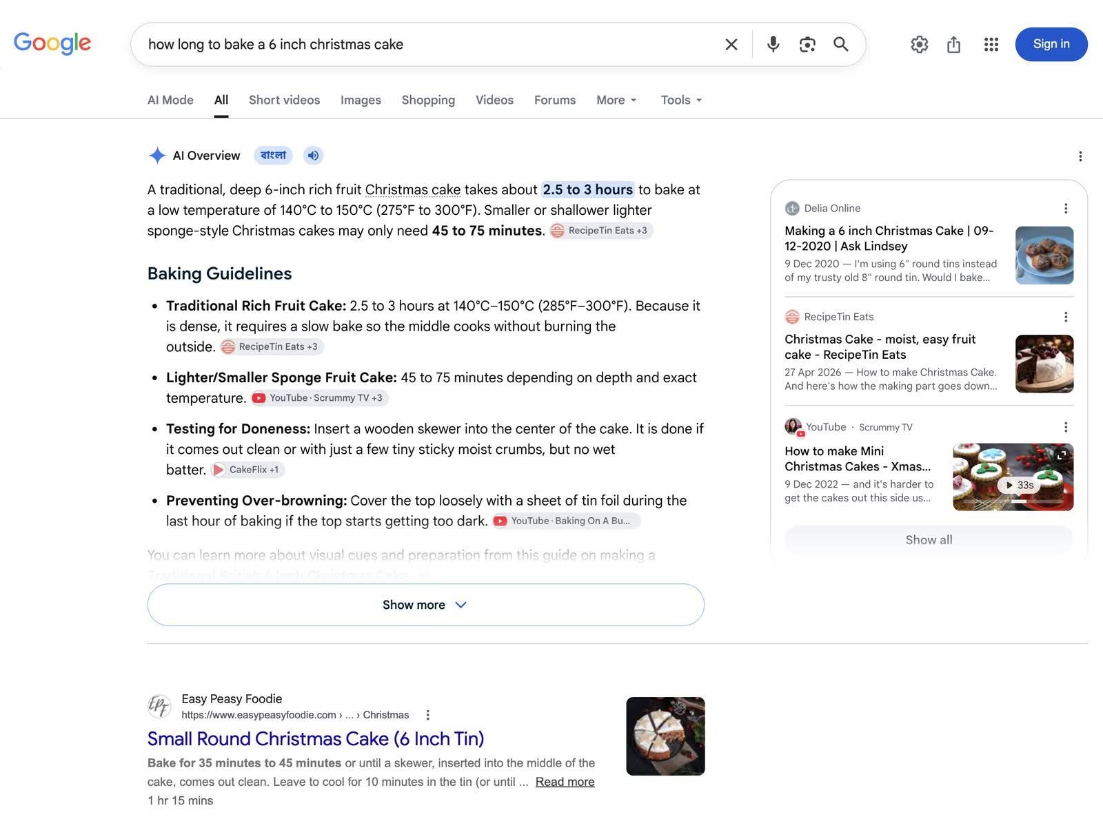 Google results page for the search how long to bake a 6 inch christmas cake. An AI Overview at the top of the page says a 6 inch rich fruit Christmas cake takes about 2.5 to 3 hours, while the first organic result underneath it, from Easy Peasy Foodie, says to bake for 35 to 45 minutes.