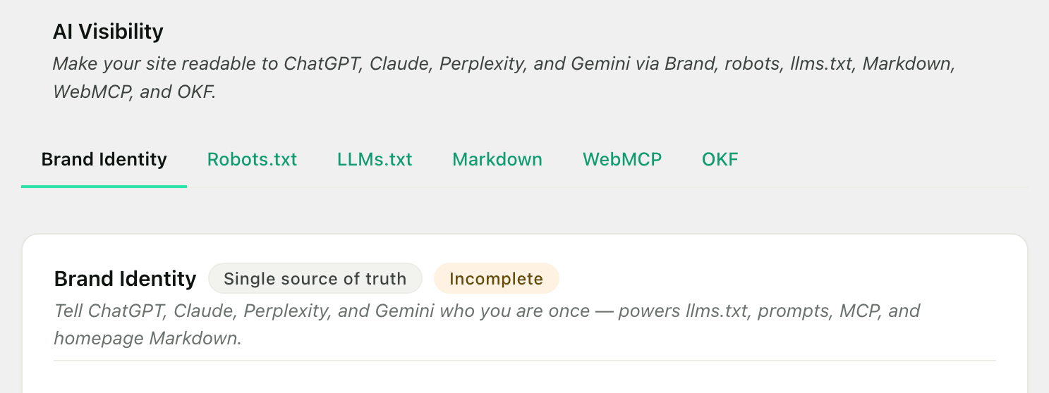 The AI Visibility tab in RankReady 1.3.0, described as making your site readable to ChatGPT, Claude, Perplexity and Gemini, with sub-tabs for Brand Identity, Robots.txt, LLMs.txt, Markdown, WebMCP and OKF.
