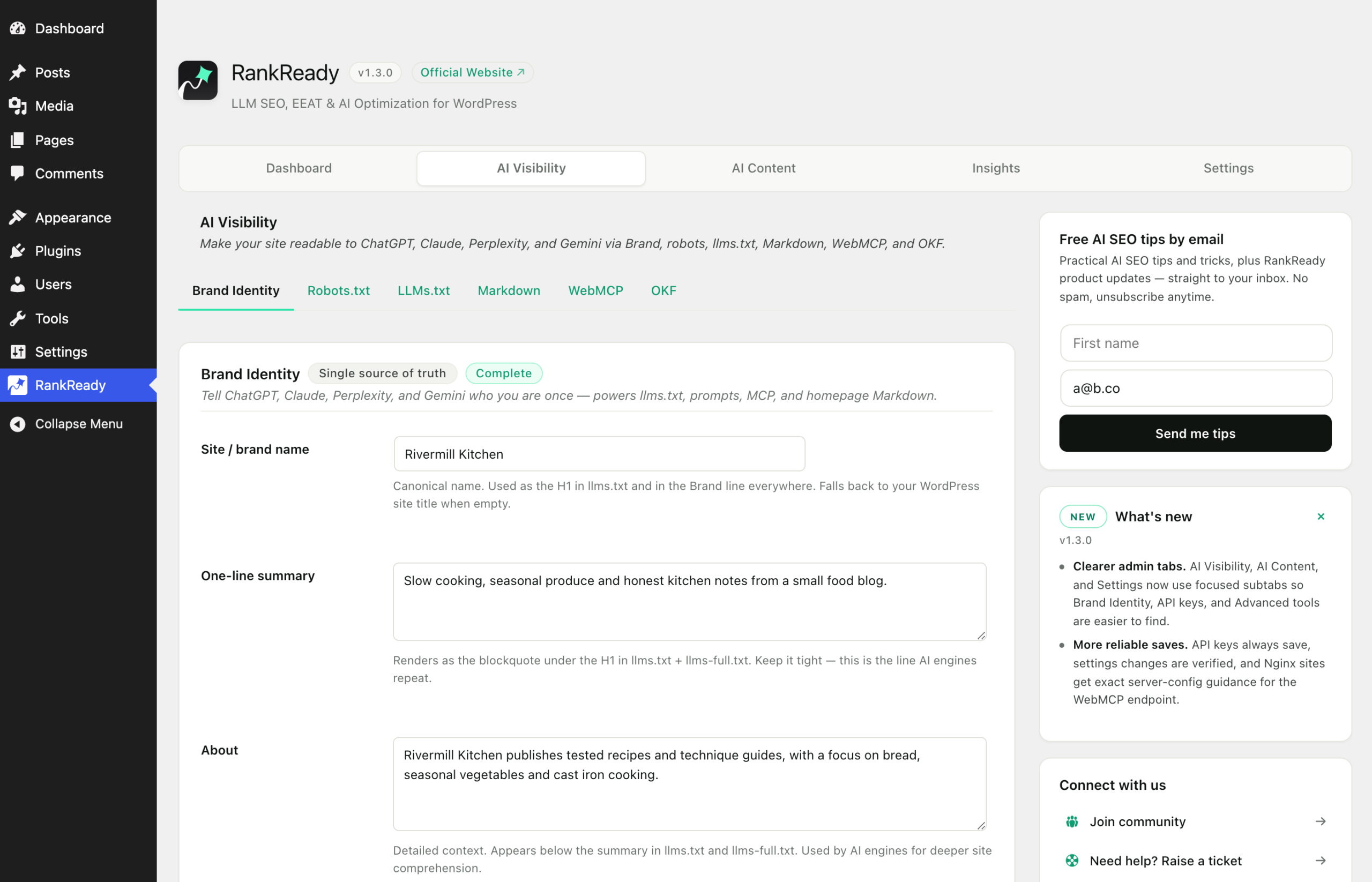 The AI Visibility tab in RankReady showing its subtabs for brand, robots, llms, markdown, WebMCP and OKF