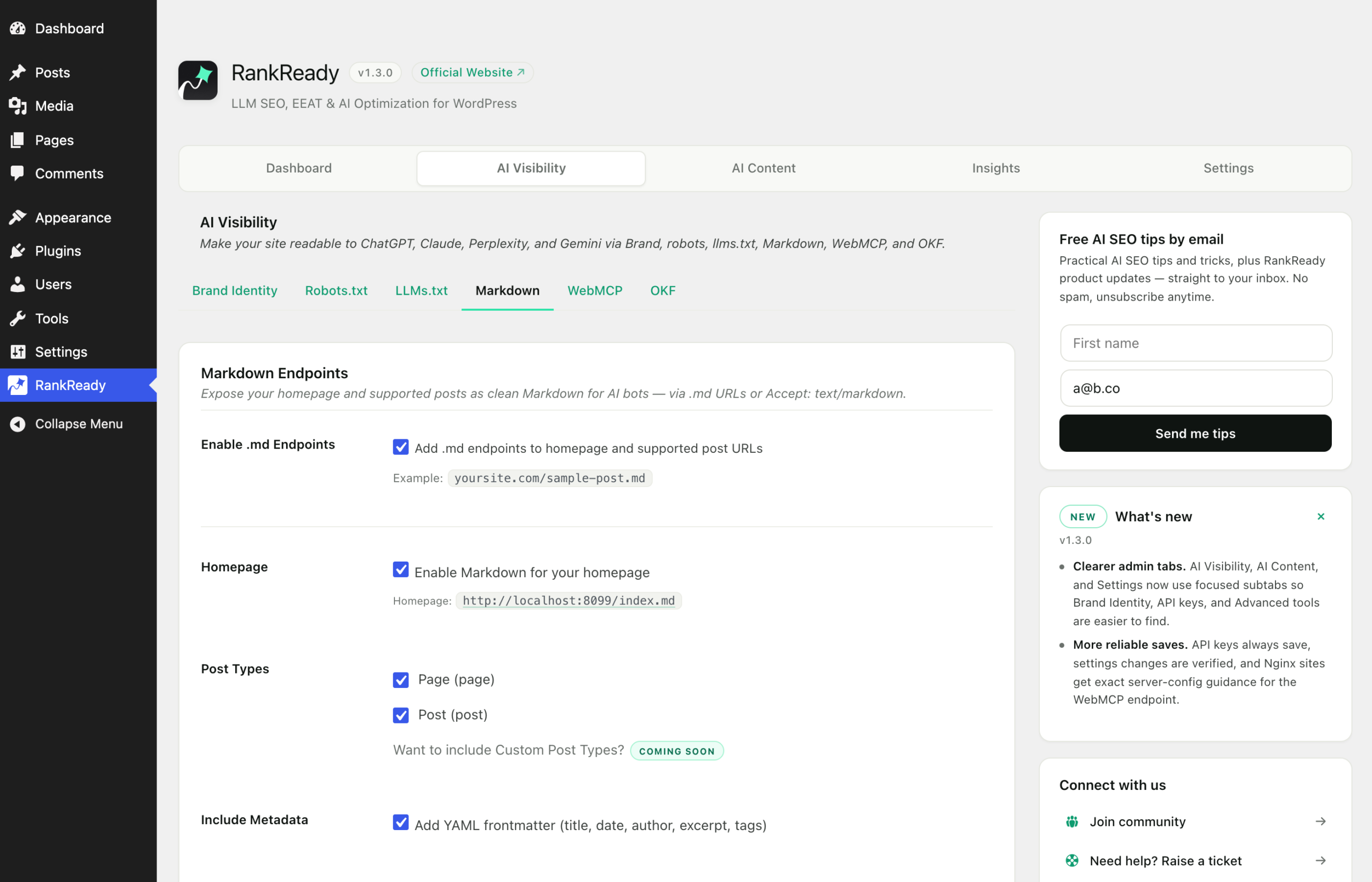 RankReady Markdown endpoint settings inside the AI Visibility tab