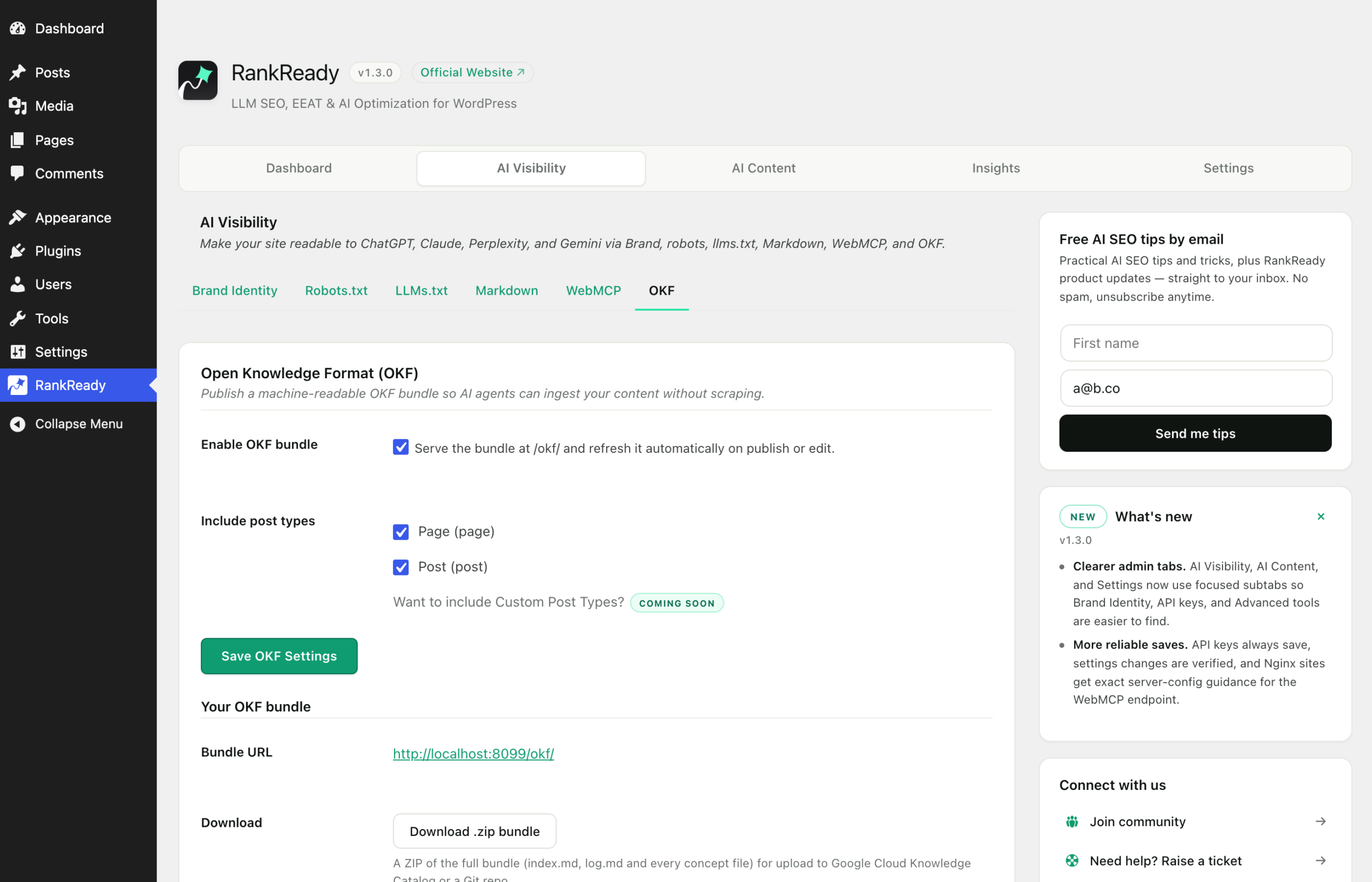 The OKF settings screen in the RankReady AI Visibility tab