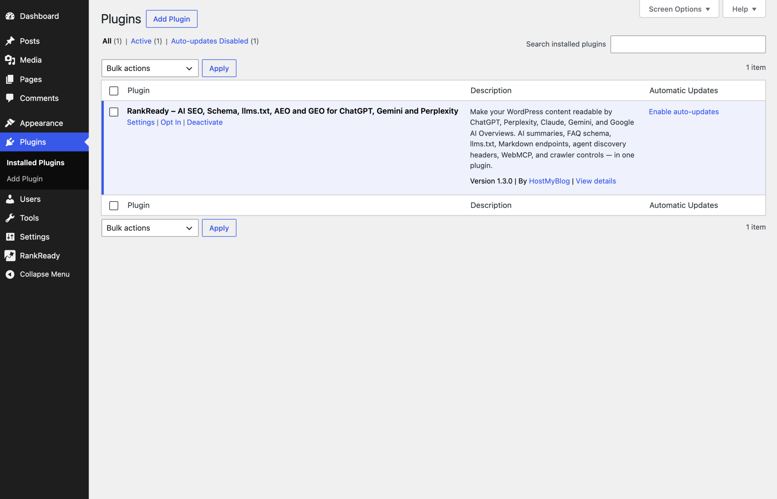 The WordPress Plugins list with RankReady active and its action links visible