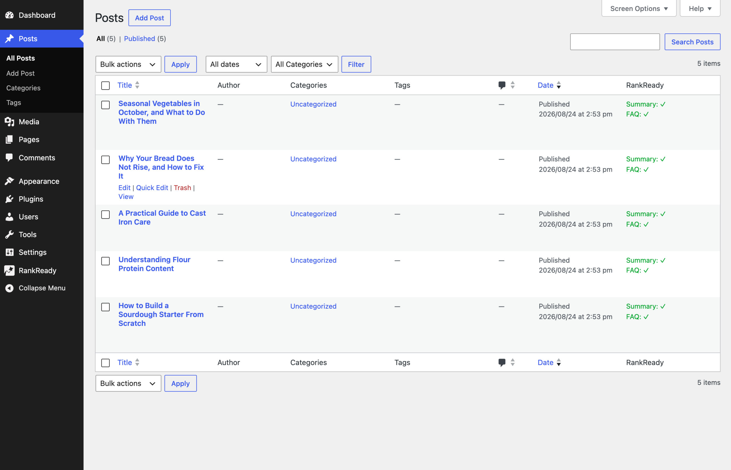 The WordPress Posts list showing RankReady status information for each post