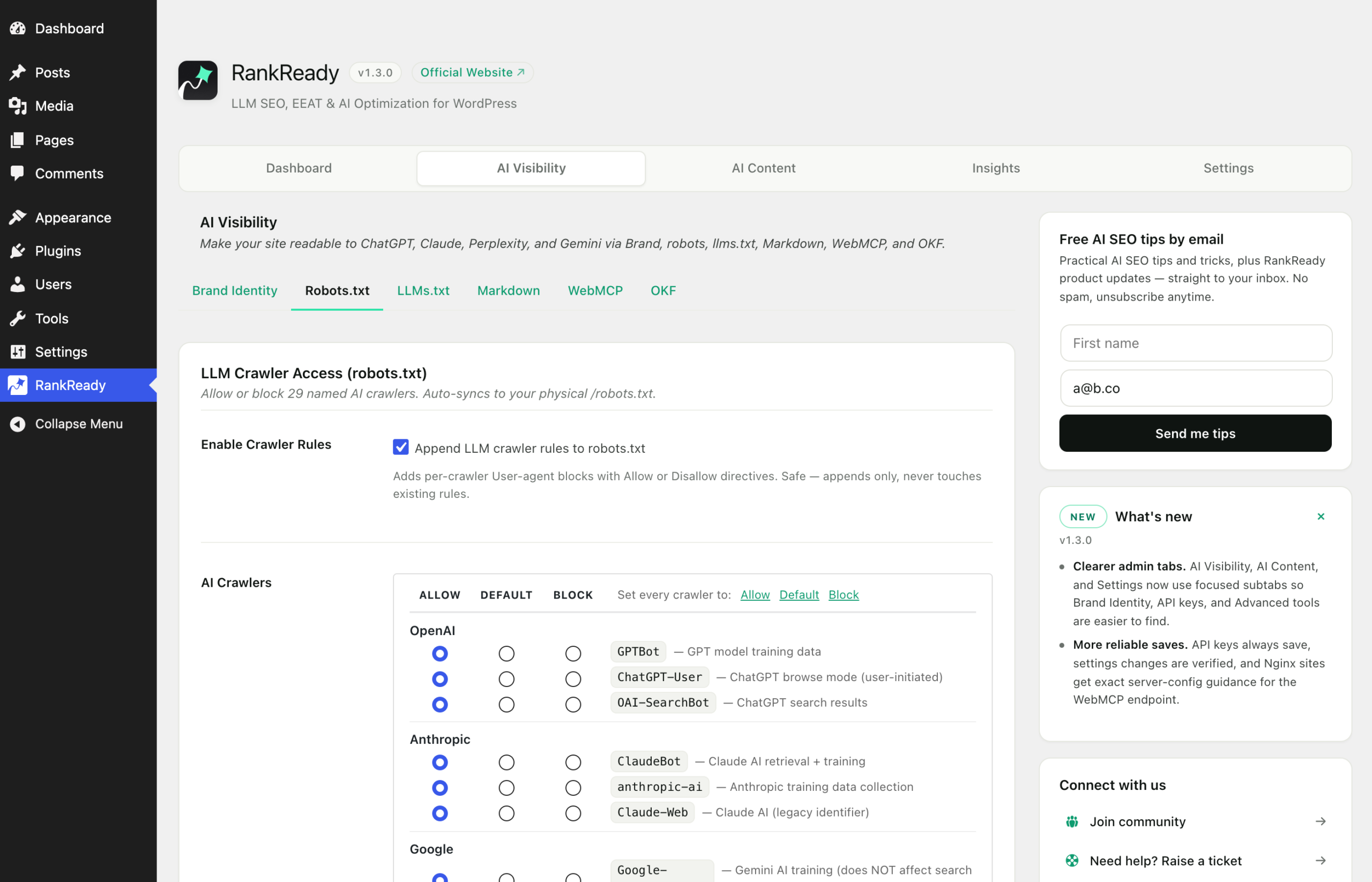 The RankReady robots and crawlers screen listing AI crawler user agents with permission controls