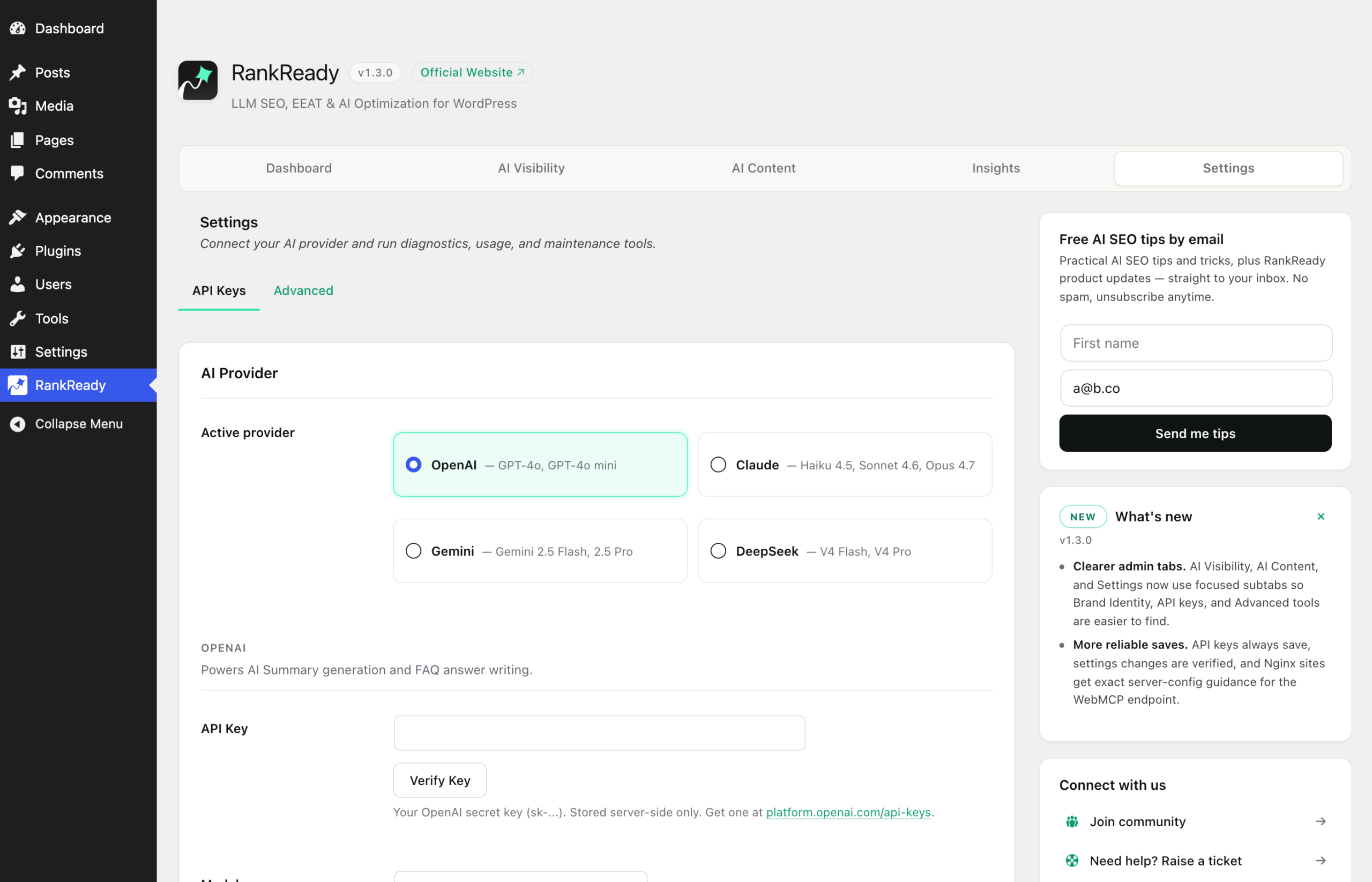 The RankReady Settings tab showing plugin-level configuration options