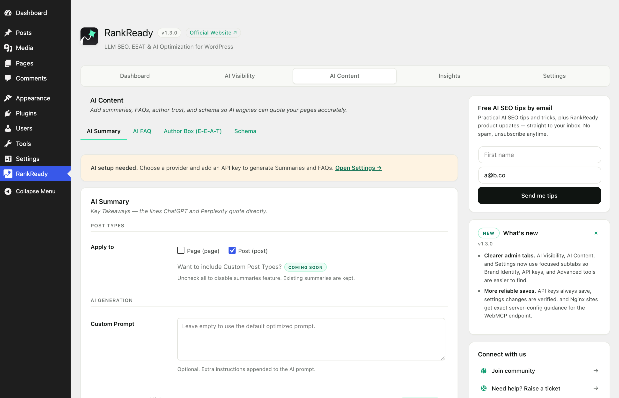 RankReady AI Summary settings under the AI Content tab