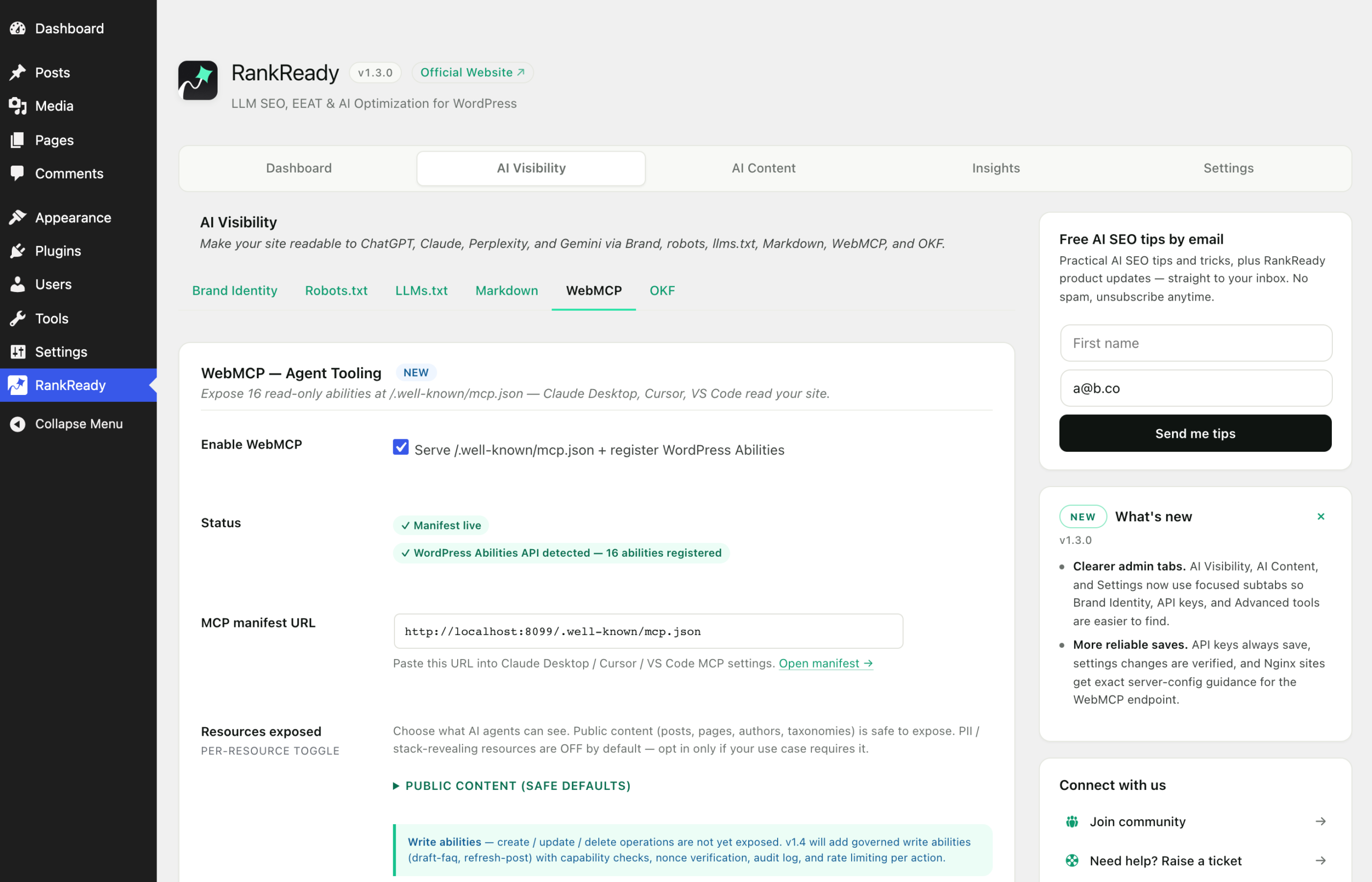 The WebMCP settings screen in the RankReady AI Visibility tab