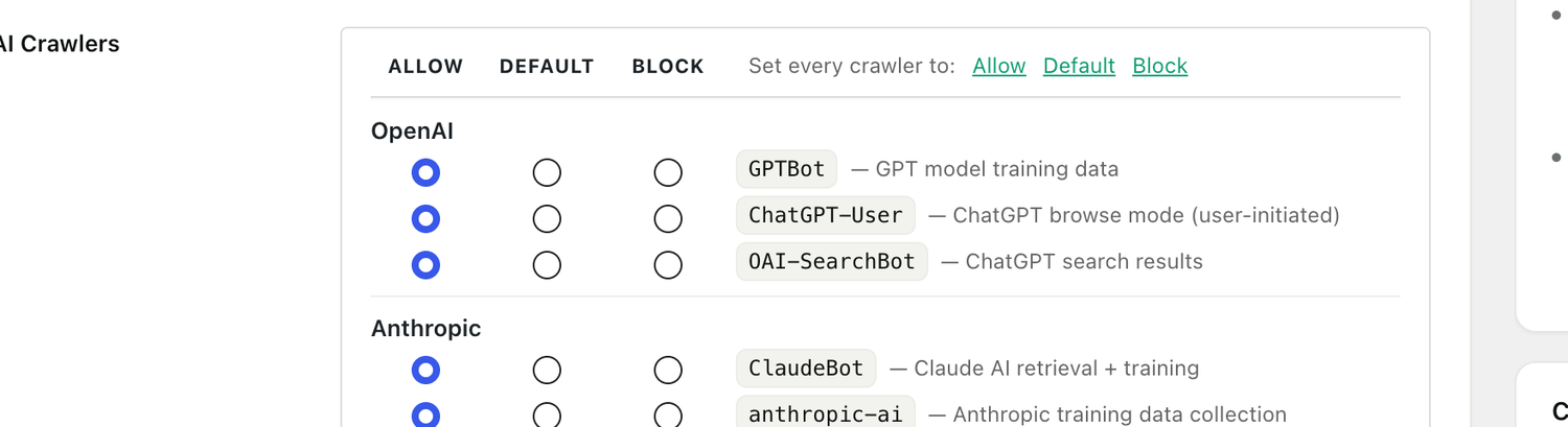 RankReady AI crawler controls, allow or block each bot