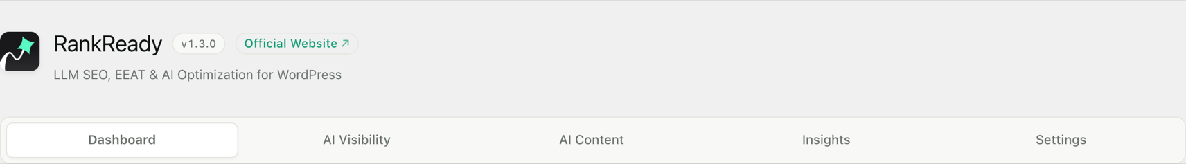 The RankReady admin header in WordPress showing version 1.3.1 and the five main tabs: Dashboard, AI Visibility, AI Content, Insights and Settings.