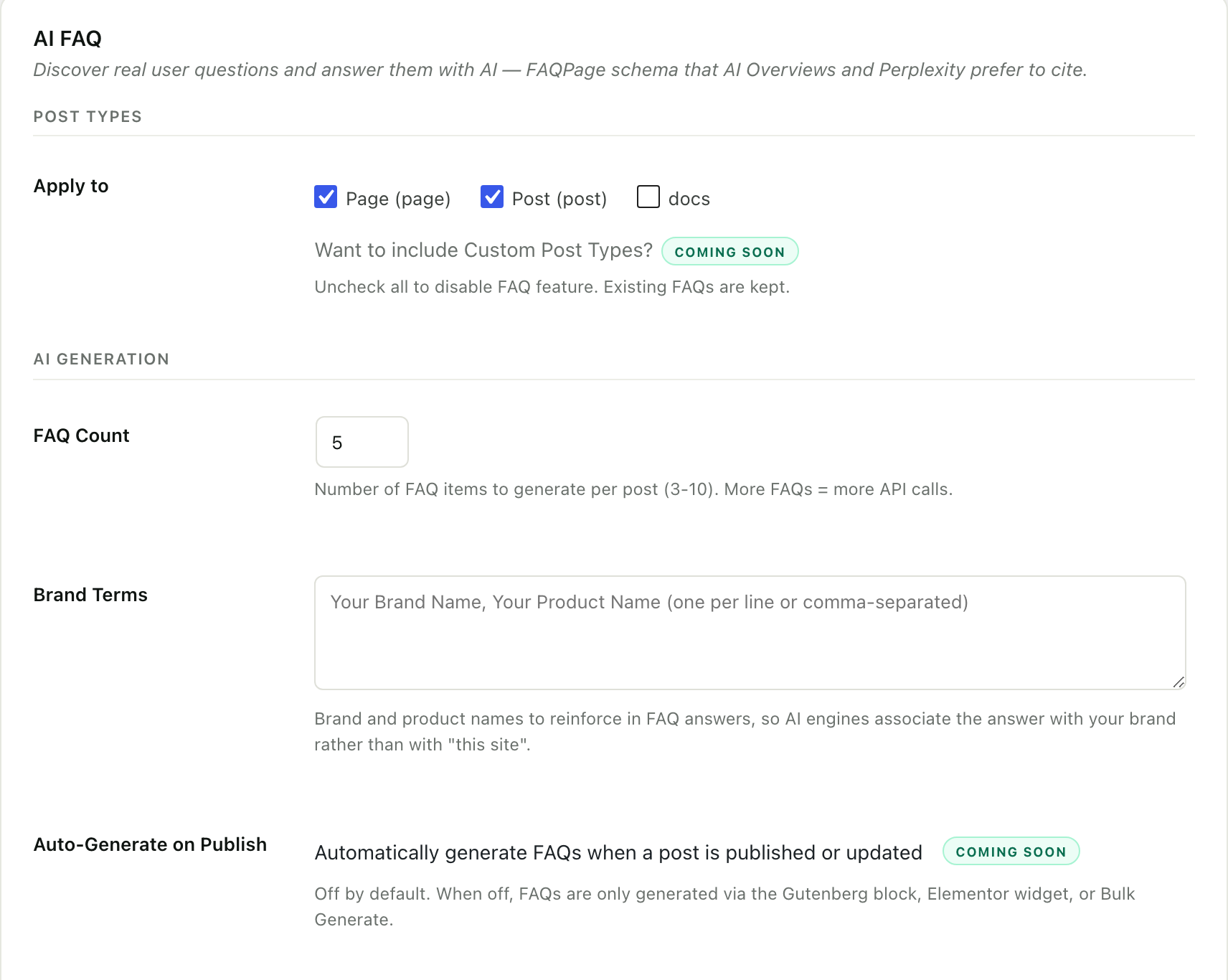 The AI FAQ screen in RankReady, described as discovering real user questions and answering them with FAQPage schema, with post type checkboxes and an FAQ count field controlling how many items are generated per post.