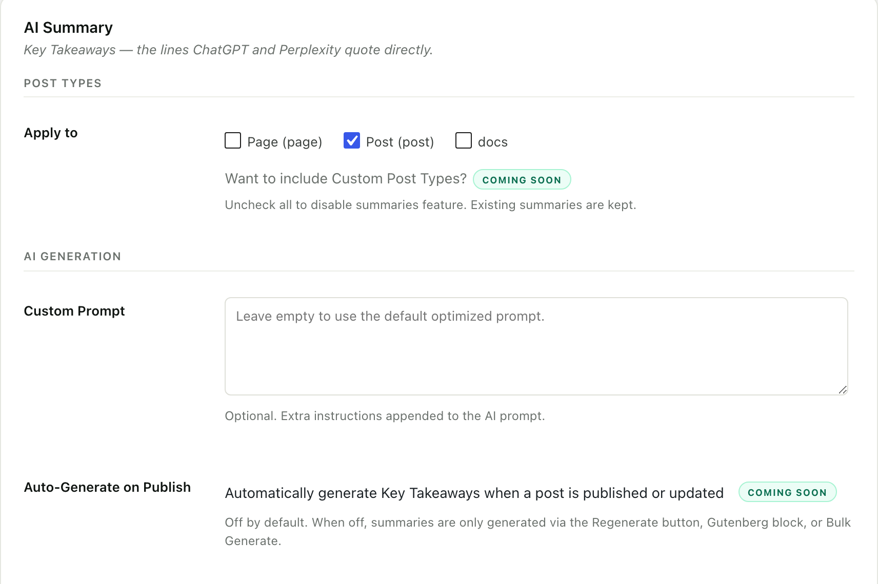 The AI Summary screen in RankReady, with post type checkboxes for pages, posts and docs, a custom prompt field for extra instructions, and an auto-generate on publish option.