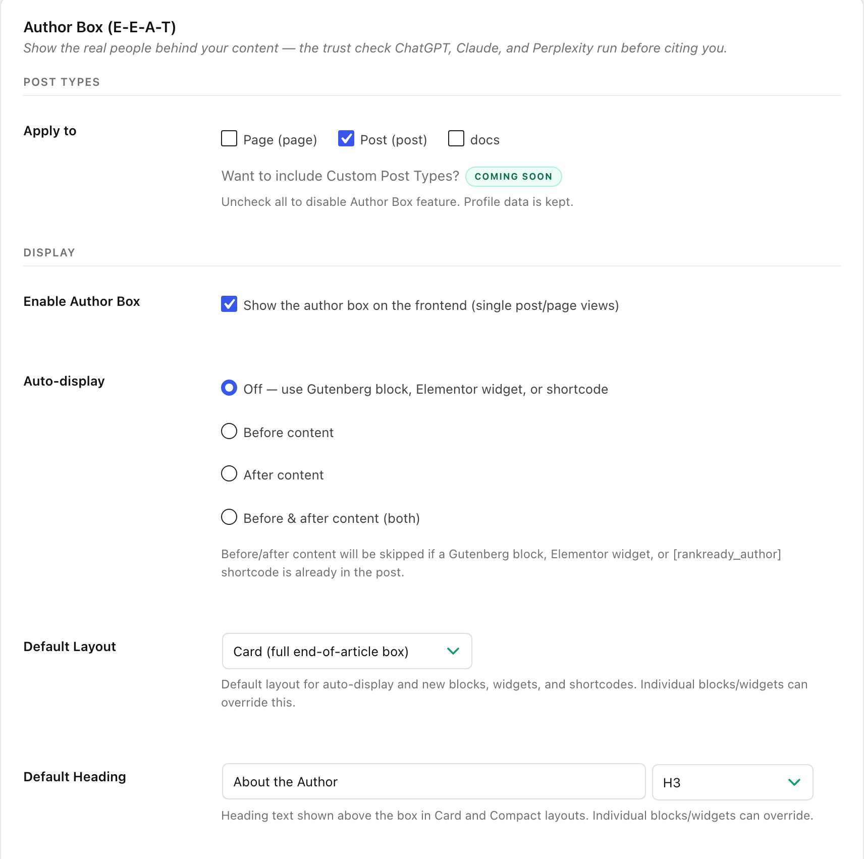 The Author Box screen in RankReady, labelled E-E-A-T and described as showing the real people behind your content, with post type checkboxes and display controls for the front-end author box.