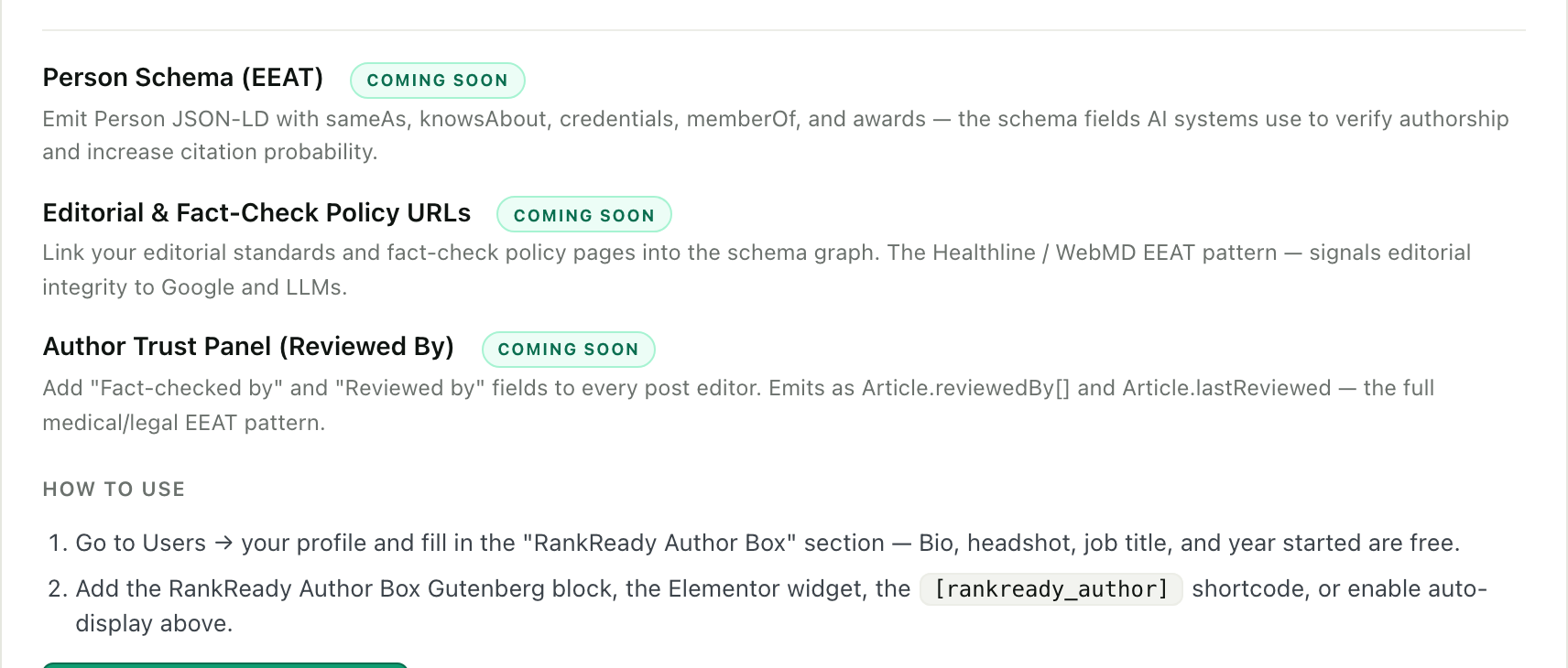 The lower half of the Author Box screen in RankReady, showing the Person schema block marked coming soon, which will emit Person JSON-LD with sameAs, knowsAbout and credentials, above a how-to-use list pointing to the RankReady Author Box section of a user profile.