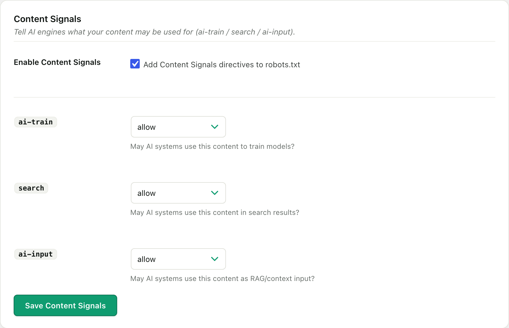 The Content Signals card in RankReady, with separate controls for the ai-train, search and ai-input signals so each can be allowed or refused independently in robots.txt.
