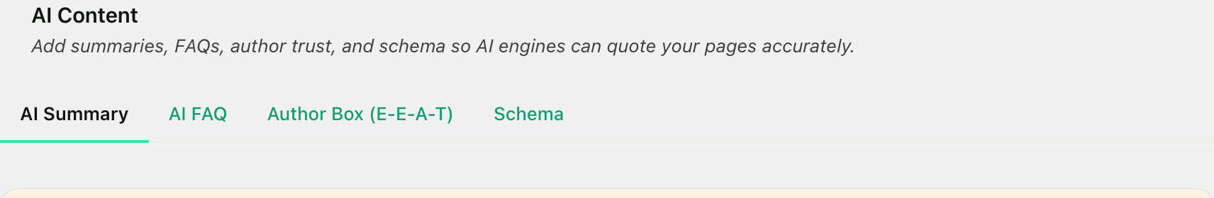 The AI Content tab in RankReady with its four sub-tabs, AI Summary, AI FAQ, Author Box and Schema, above the line explaining that generated summaries and FAQs also appear in Markdown and OKF.