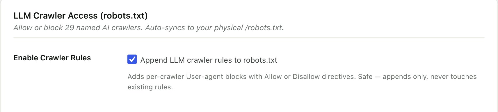 The Enable Crawler Rules control in RankReady, a checkbox that appends LLM crawler rules to robots.txt, described as adding per-crawler user-agent blocks and auto-syncing to the physical robots.txt file for 29 named AI crawlers.
