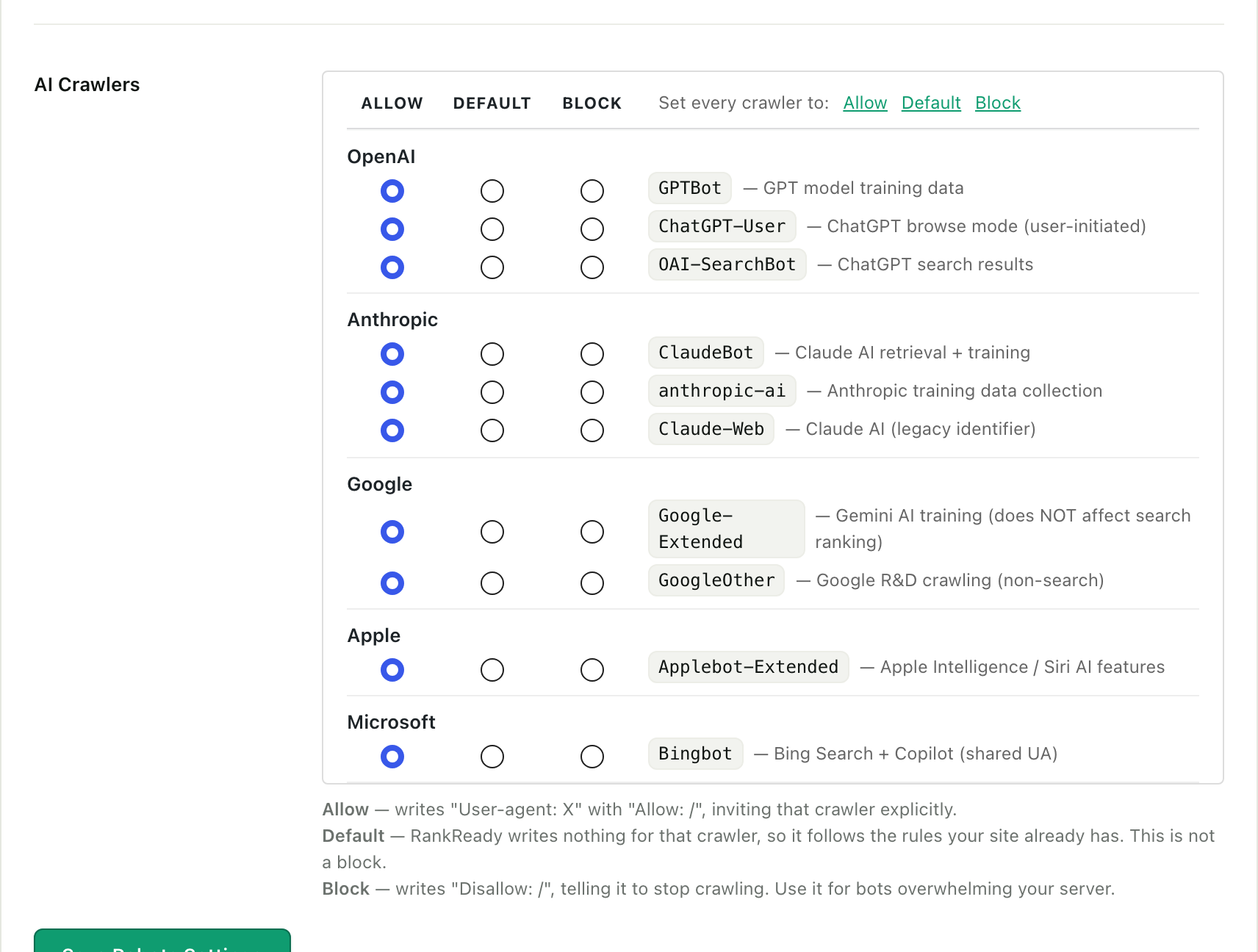 The AI Crawlers grid in RankReady, with Allow, Default and Block radio columns and a bulk setter above, listing named crawlers grouped by vendor, starting with OpenAI's GPTBot annotated as GPT model training data and ChatGPT-User.