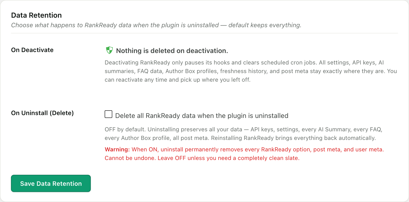 The Data Retention card in RankReady Settings, controlling how long logged bot and referral data is kept and what is removed when the plugin is deleted.