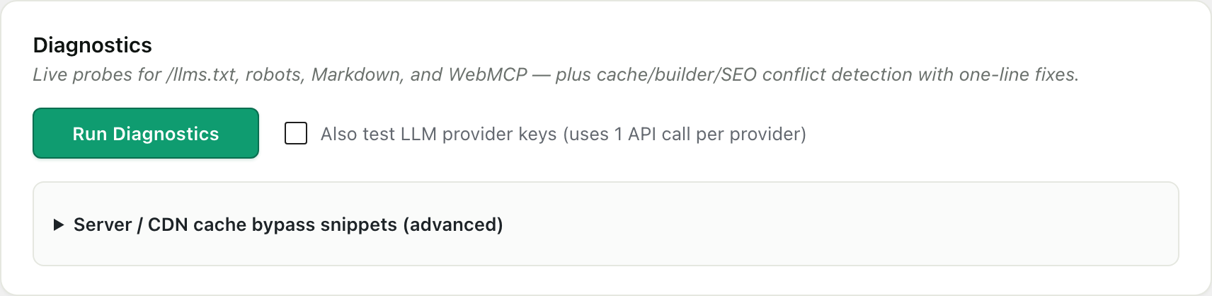 The Diagnostics card in RankReady Settings, reporting the plugin's environment and health checks on the live site.