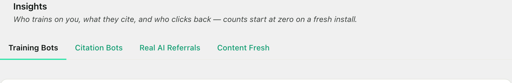 The Insights tab in RankReady with its four sub-tabs, Training Bots, Citation Bots, Real AI Referrals and Content Fresh, above the line noting that counts start at zero on a fresh install.