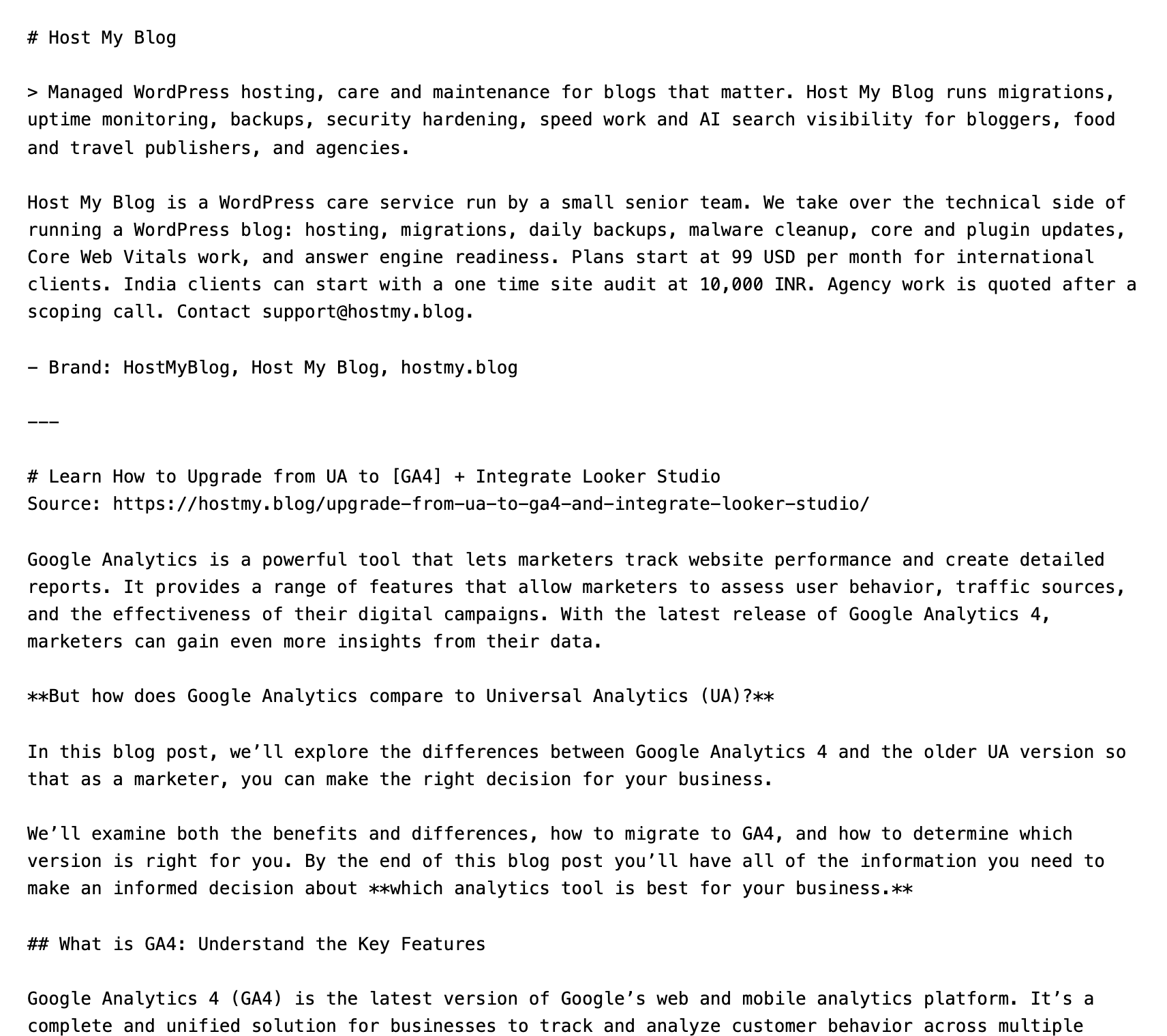 The live llms-full.txt file served by RankReady at hostmy.blog/llms-full.txt, rendered as plain text in a browser, showing the same brand header followed by the full text of the site's pages.
