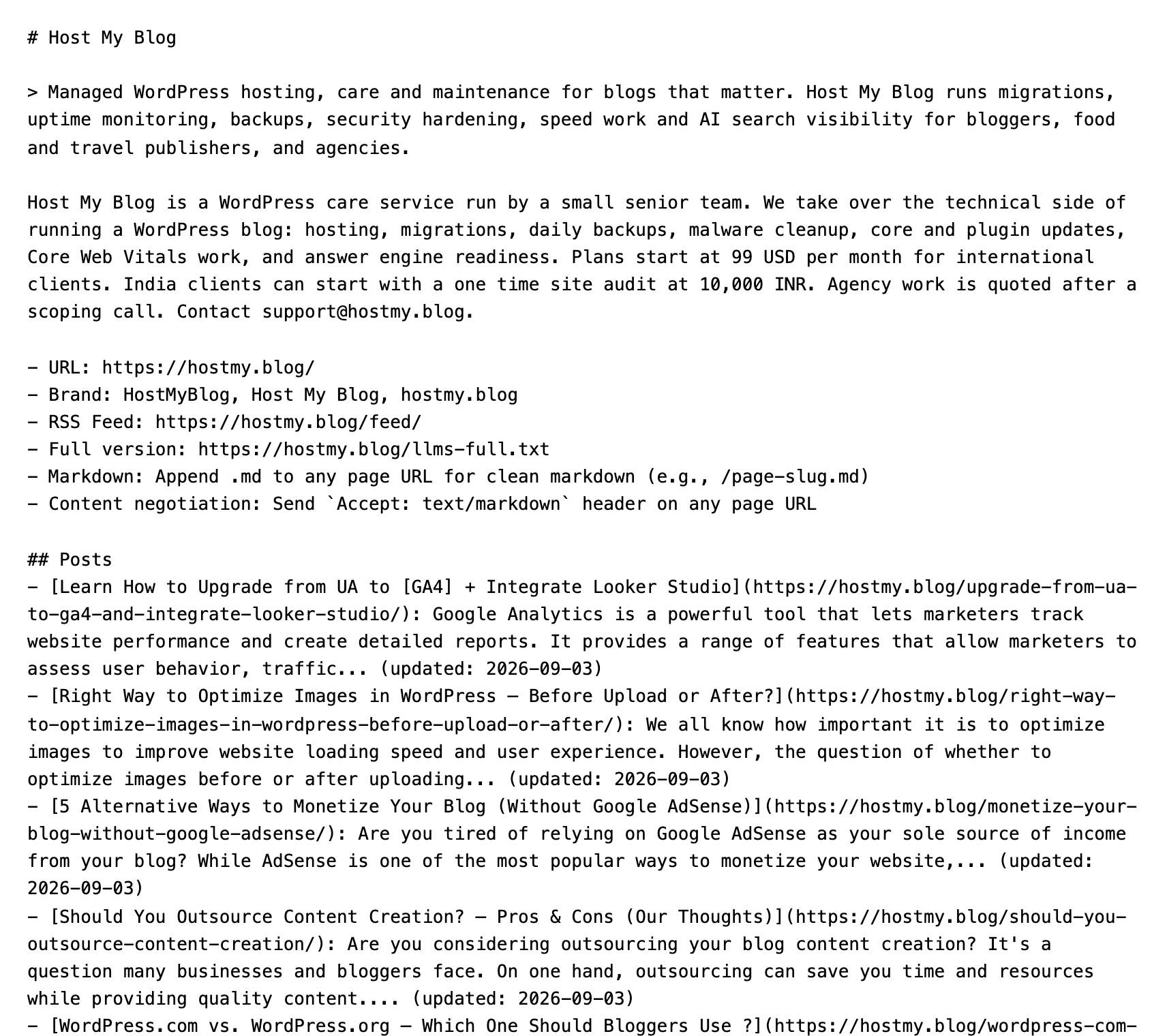 The live llms.txt file served by RankReady at hostmy.blog/llms.txt, rendered as plain text in a browser, opening with the Host My Blog heading, the one-line summary as a blockquote and the about paragraph beneath it.