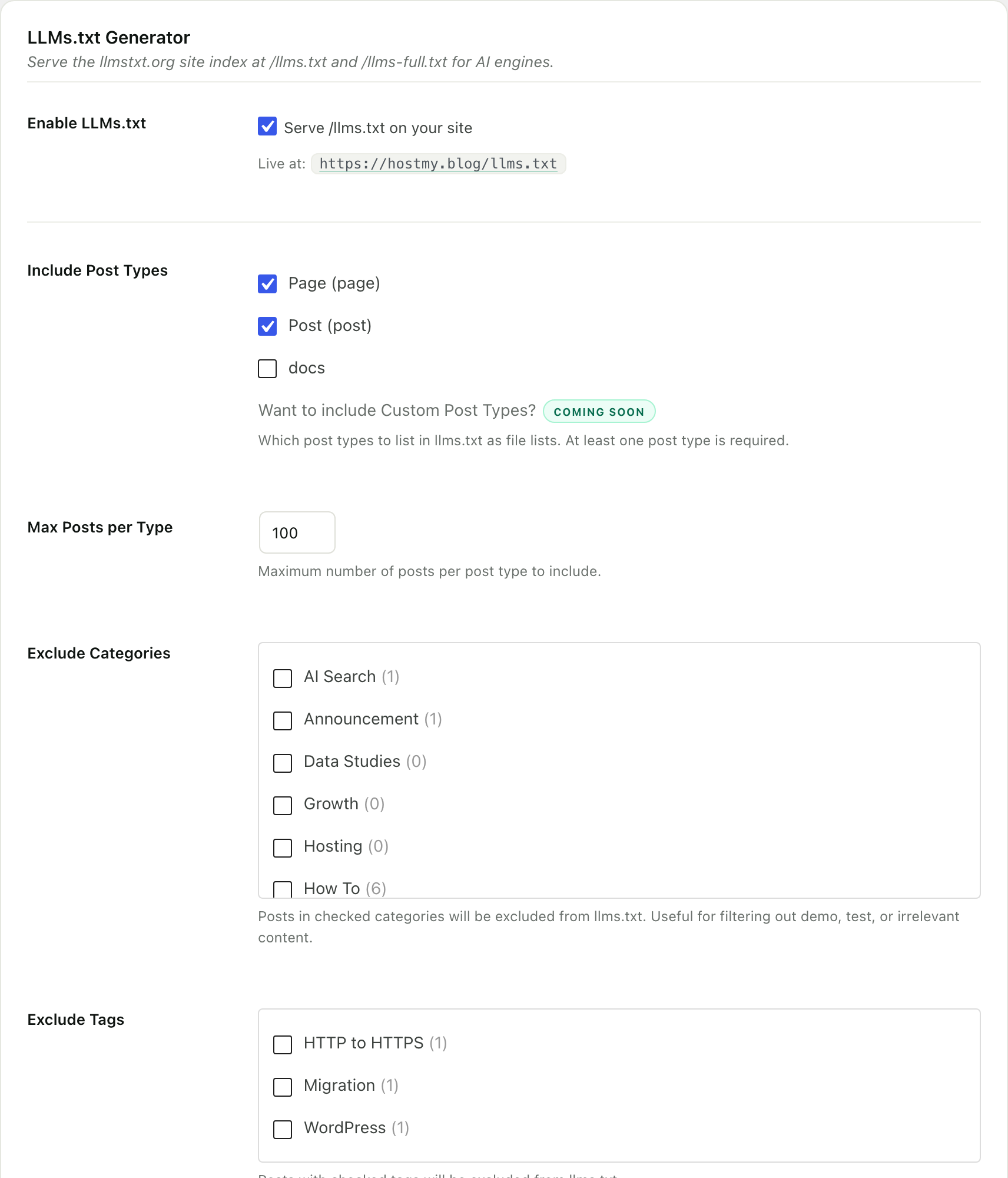 The LLMs.txt Generator screen in RankReady, with a checkbox to serve llms.txt, the live URL beside it, post type checkboxes for pages, posts and docs, and options controlling how many posts per type are listed.