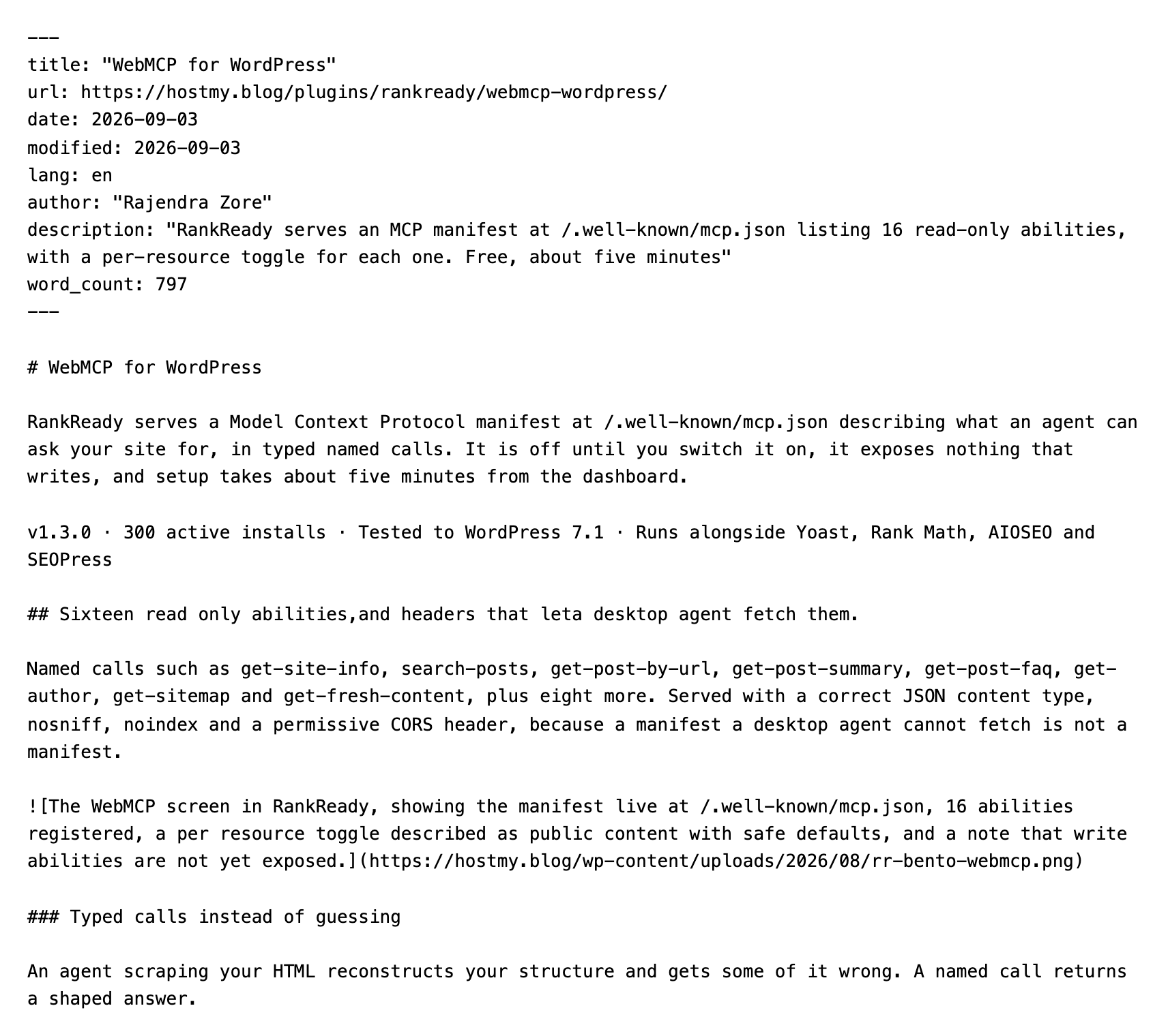 The live Markdown response from RankReady for a page on hostmy.blog, rendered as plain text in a browser, beginning with YAML frontmatter carrying the title and canonical URL above the page body.