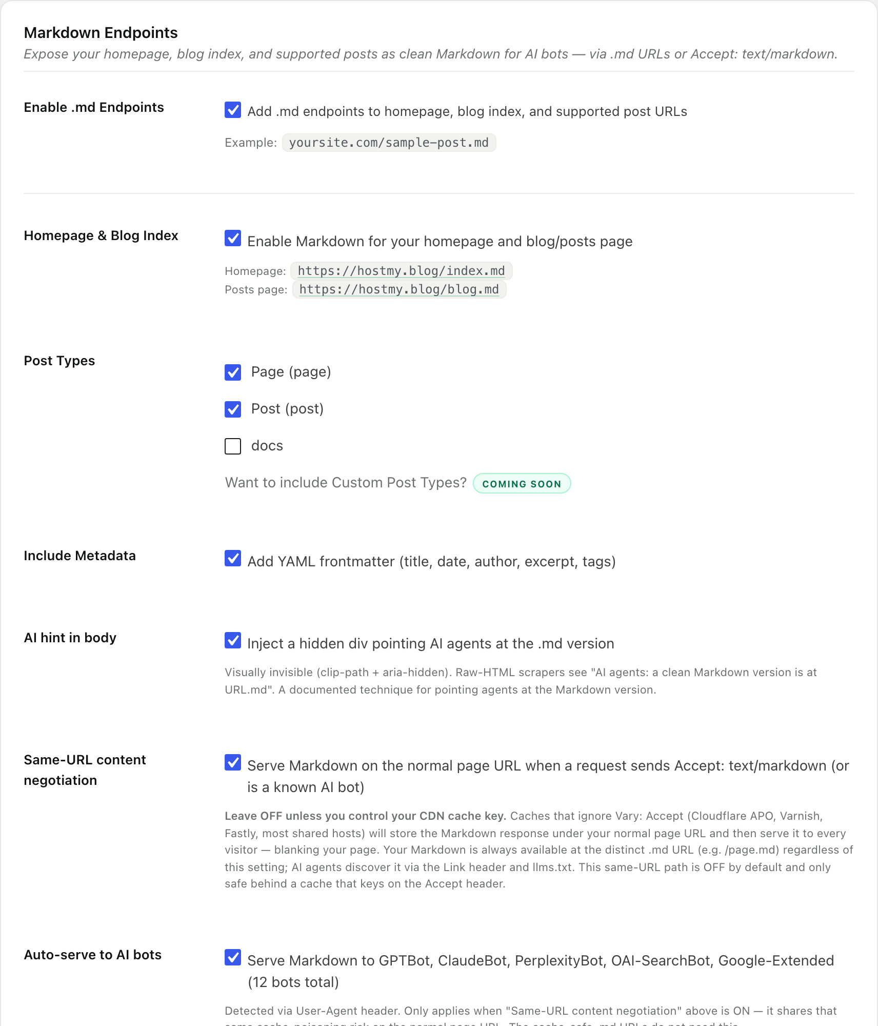 The Markdown Endpoints screen in RankReady, with a checkbox adding .md endpoints to the homepage, blog index and post URLs, an example .md URL, and separate homepage and blog index toggles.