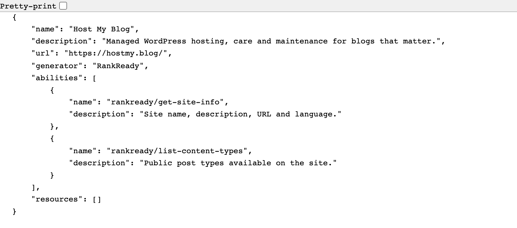 The live WebMCP manifest served by RankReady at hostmy.blog/.well-known/mcp.json, rendered as JSON in a browser, naming the site, its description and URL, RankReady as the generator, and the read-only abilities it exposes.