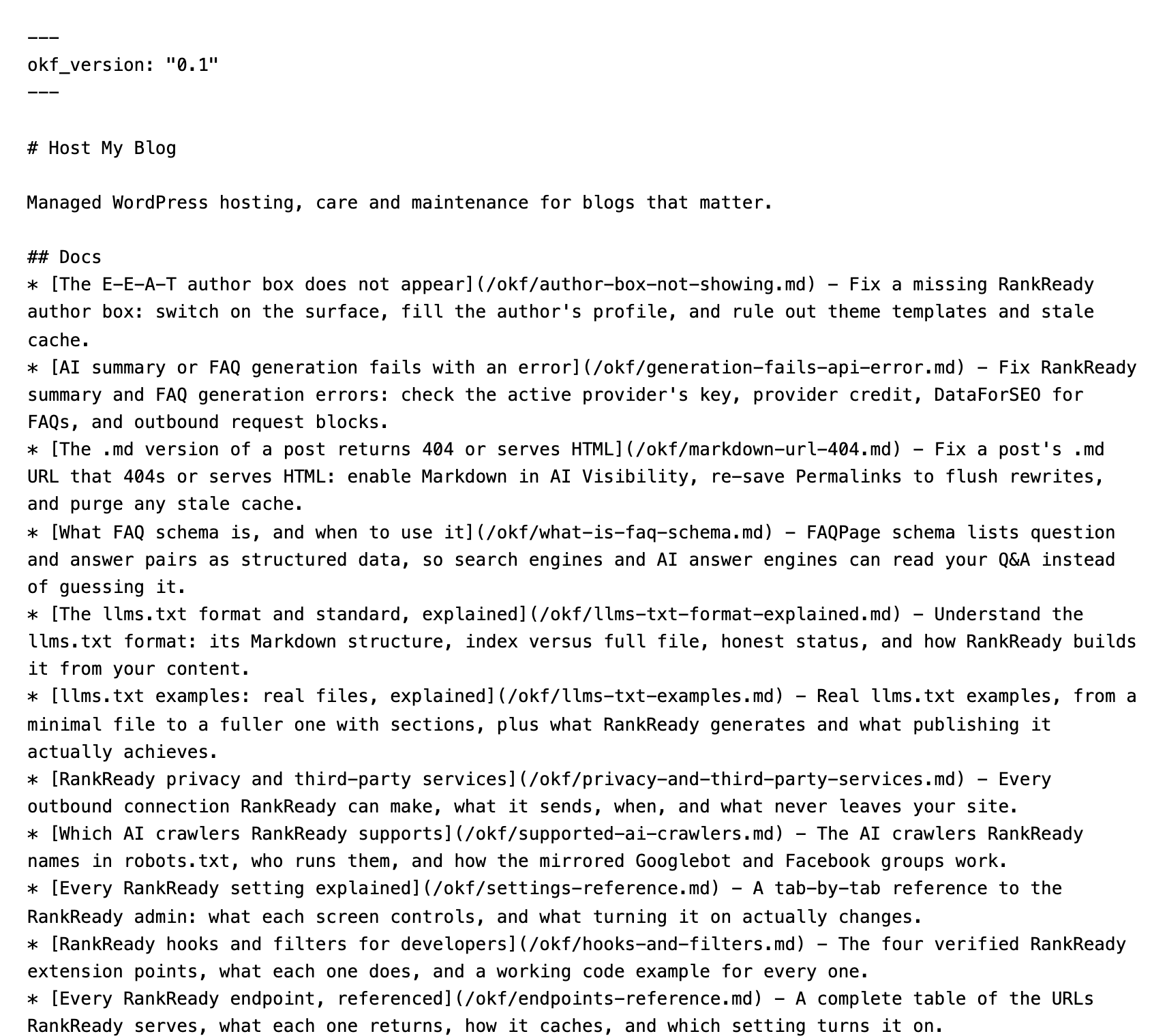 The live Open Knowledge Format bundle served by RankReady at hostmy.blog/okf/, rendered as plain text in a browser, opening with okf_version frontmatter above the Host My Blog site description.