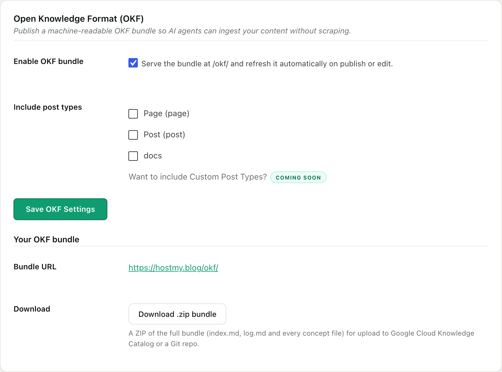 The Open Knowledge Format screen in RankReady, with a checkbox to serve the bundle at /okf/, post type selection, and the live bundle URL.