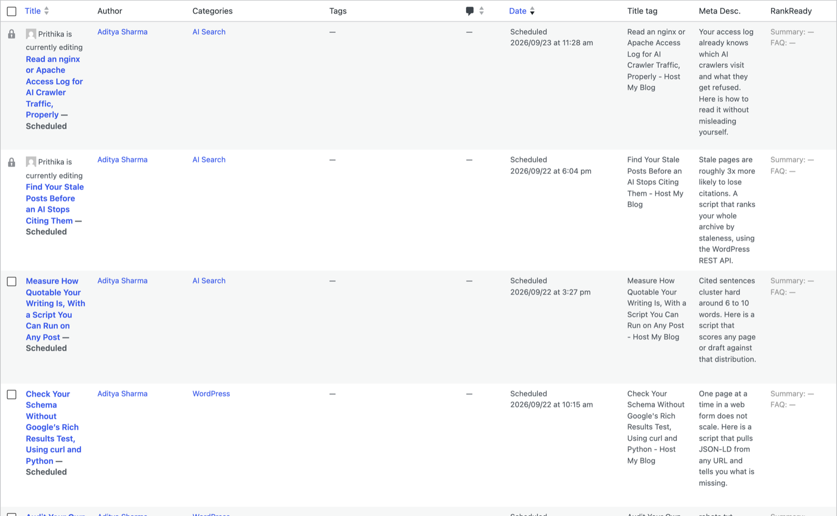 The WordPress Posts list on hostmy.blog with the RankReady column added on the right, showing the per-post Summary and FAQ state against each published post.