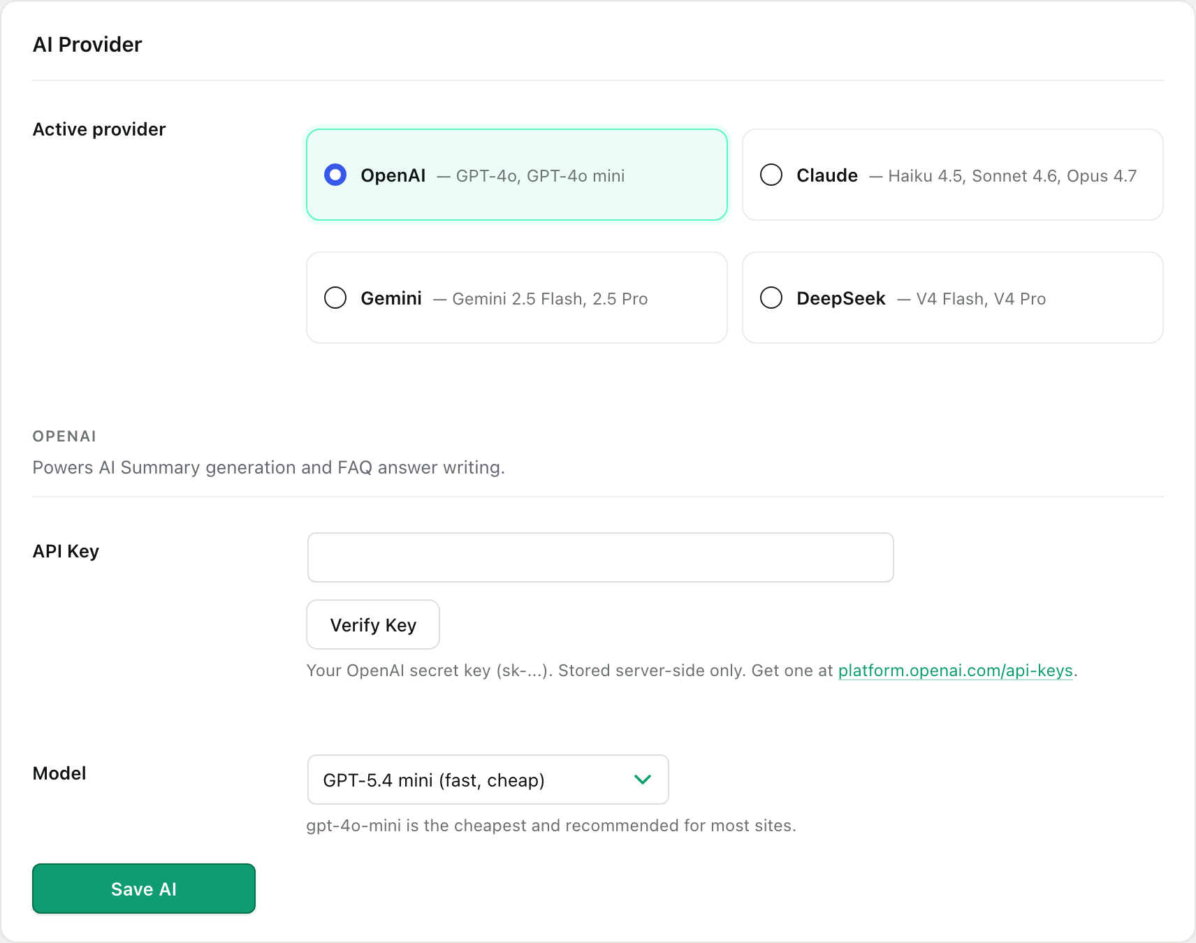 The AI Provider card in RankReady Settings, offering OpenAI, Claude, Gemini and DeepSeek as the active provider, with an API key field and a verify control, and a note that the key is stored server side.