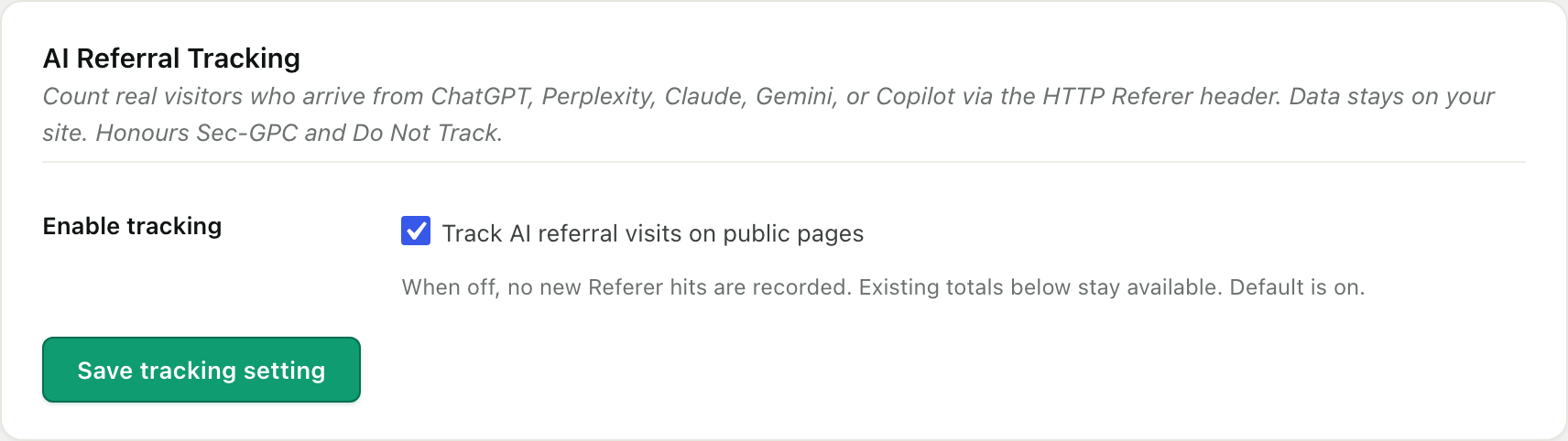 The AI Referral Tracking card in RankReady, with a toggle that records visitors arriving from AI apps, logged server side rather than by a script in the page.