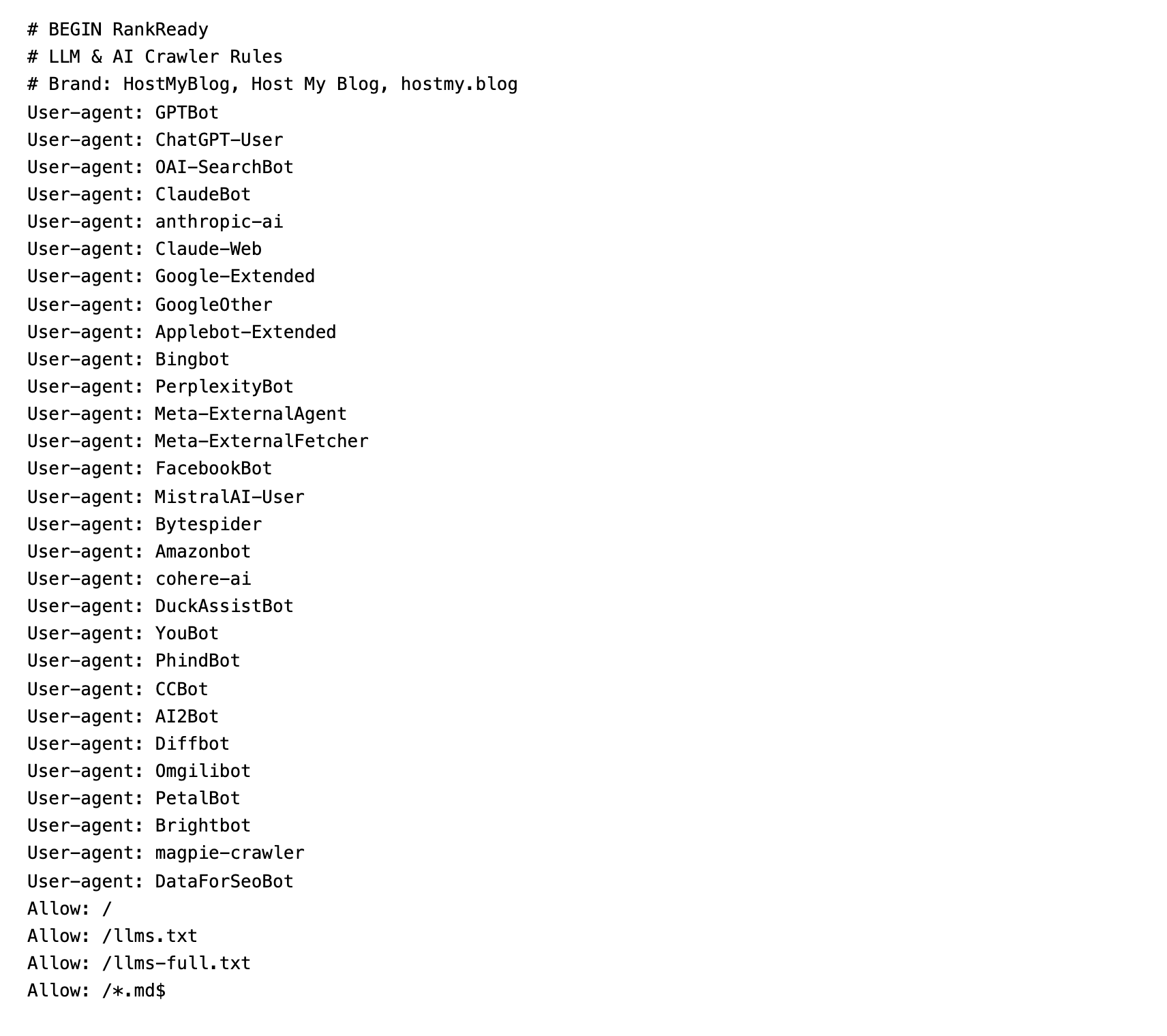 The RankReady block inside the live robots.txt at hostmy.blog, opening with a BEGIN RankReady marker and a brand comment, then user-agent lines for 29 named AI crawlers including GPTBot, ClaudeBot, Google-Extended, PerplexityBot, Bytespider and CCBot, followed by Allow rules for the site, llms.txt, llms-full.txt and .md URLs.