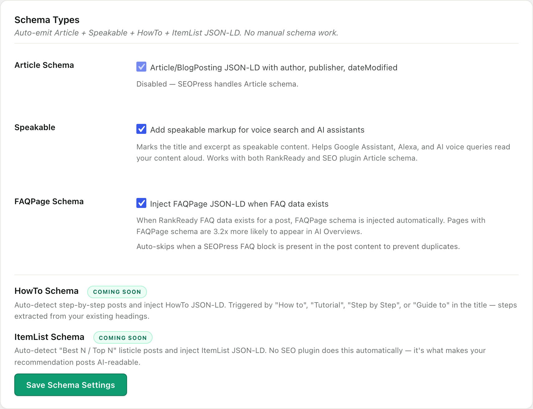The Schema Types screen in RankReady, with Article schema marked disabled because SEOPress handles it, Speakable and FAQPage schema switched on, and HowTo and ItemList schema marked coming soon.