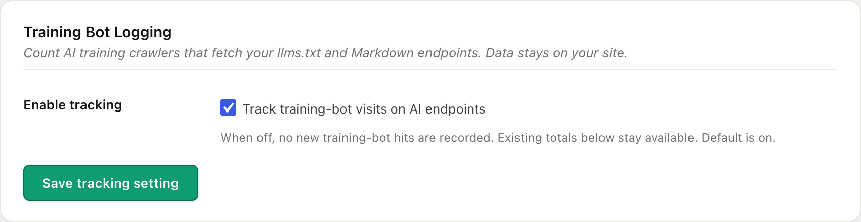 The Training Bot Logging card in RankReady, with a toggle counting AI training crawlers that fetch the llms.txt and Markdown endpoints, and a note that the data stays on your own site.