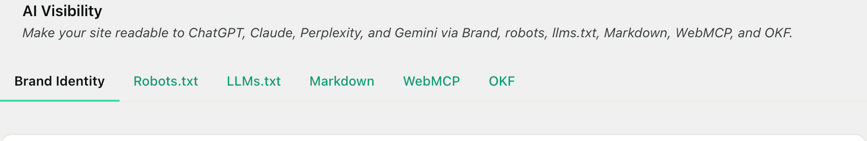 The AI Visibility tab in RankReady with its six sub-tabs, Brand Identity, Robots.txt, LLMs.txt, Markdown, WebMCP and OKF, above the line describing them as what makes a site readable to ChatGPT, Claude, Perplexity and Gemini.